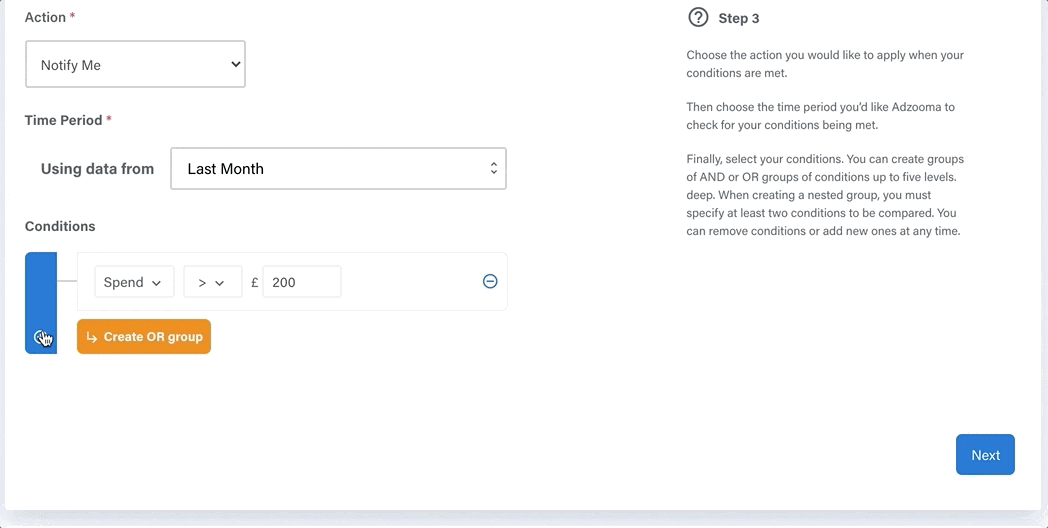 Gif adding the clicks more than 100 condition to an adzooma automated rule