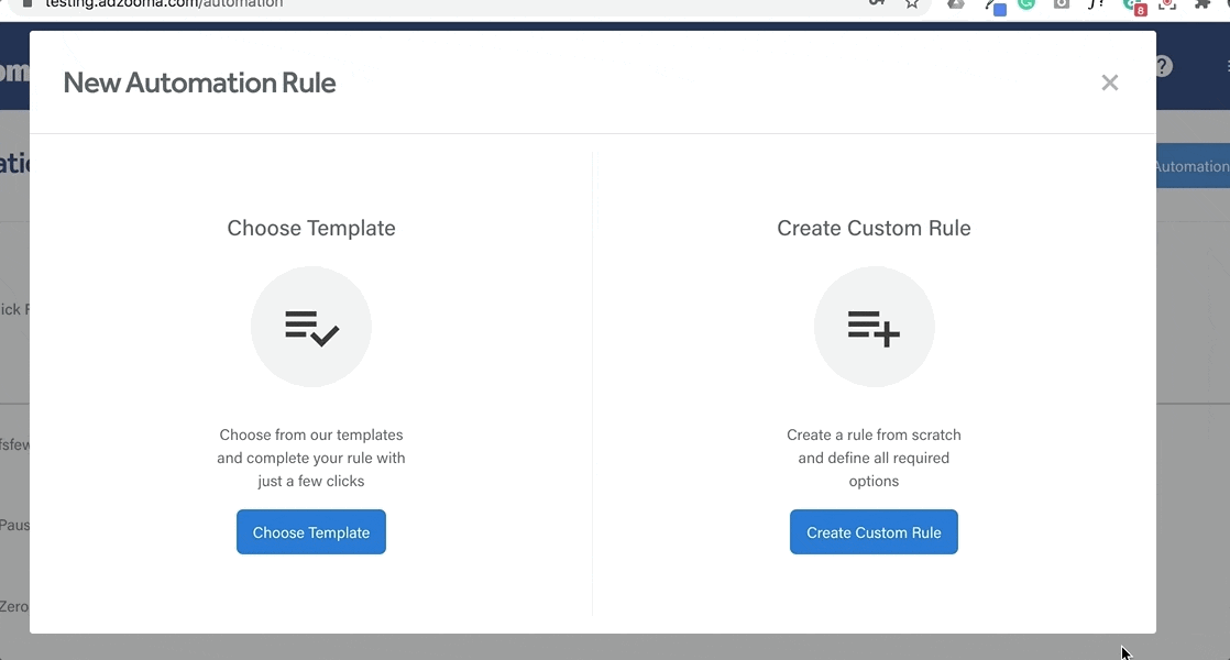 Gif showing how to create a custom rule in Adzooma automation 