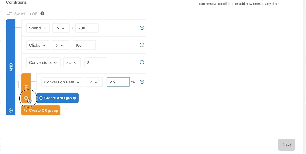 gif showing how to add an OR condition to an adzooma automation rule 